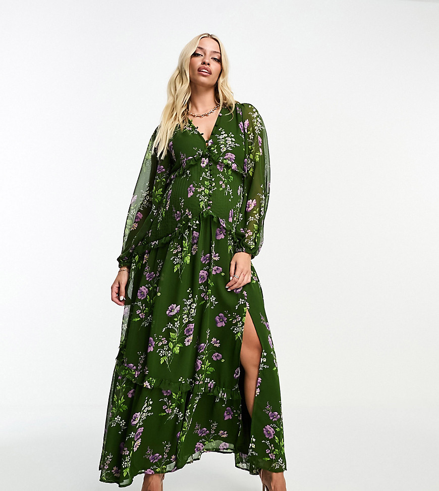 Asos Maternity Asos Design Maternity Button Through Pintuck Maxi Dress In Green Floral Print-multi