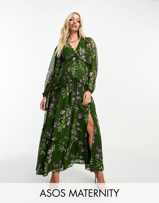 ASOS DESIGN Maternity button through pintuck maxi dress in green floral  print