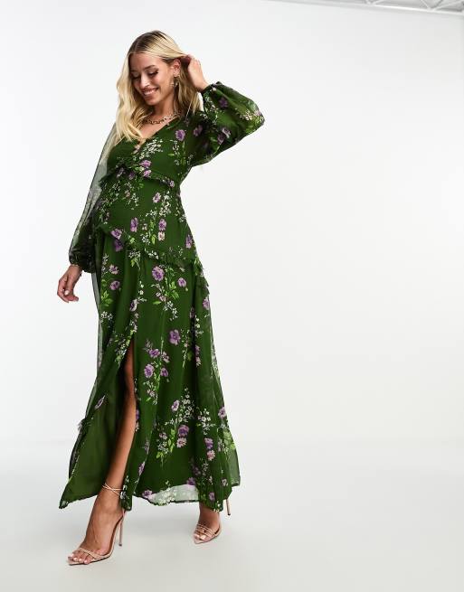 ASOS EDITION shirred front maxi dress in green floral print