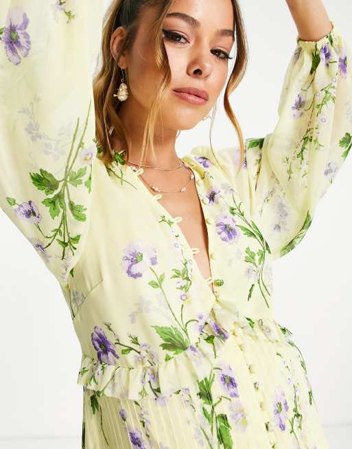 ASOS DESIGN Maternity button through pintuck maxi dress in yellow floral print