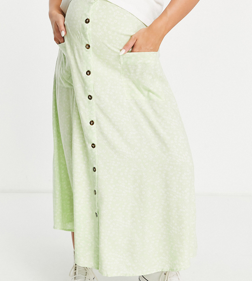 Asos Maternity Asos Design Maternity Button Through Pocket Midi Skirt In Sage Green Ditsy Floral-multi