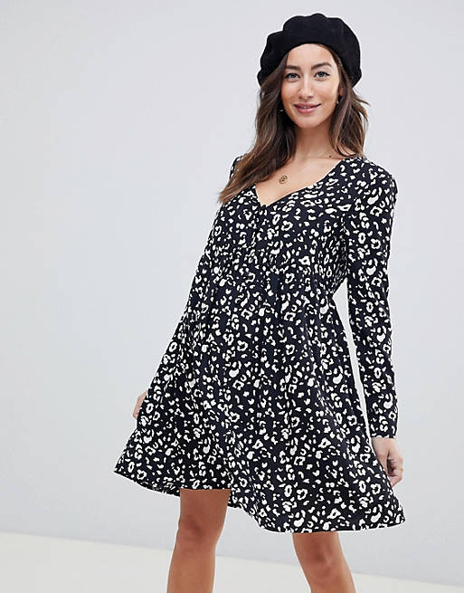 ASOS DESIGN Maternity button through smock mini dress with long sleeves in mono leopard print