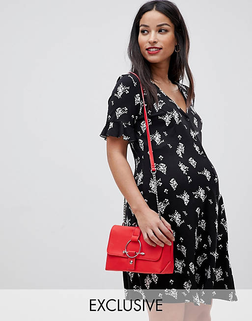ASOS DESIGN Maternity button through tea dress with frill sleeve in mono floral print