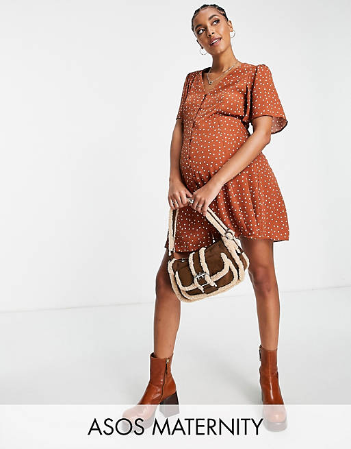 Dresses Maternity button through tie back mini tea dress with angel sleeve in rust spot print 