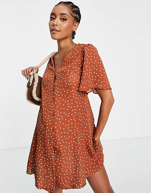 Dresses Maternity button through tie back mini tea dress with angel sleeve in rust spot print 