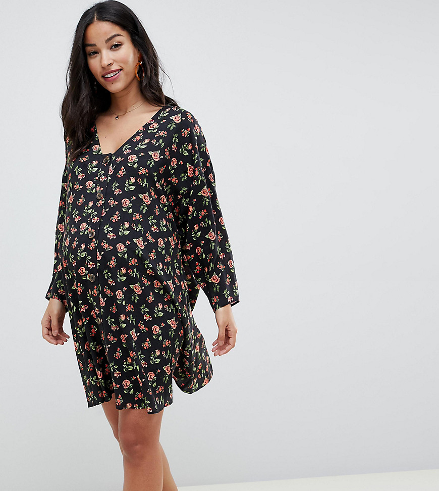 ASOS DESIGN Maternity button through trapeze mini dress with long sleeves in ditsy floral-Multi
