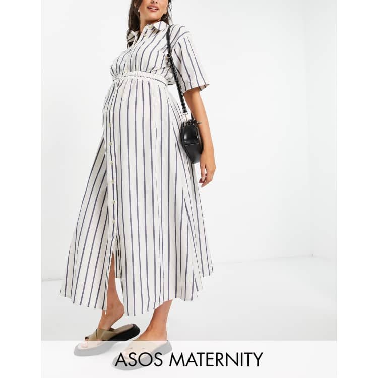 ASOS DESIGN Maternity button up elastic waist midi shirt dress in stripe print