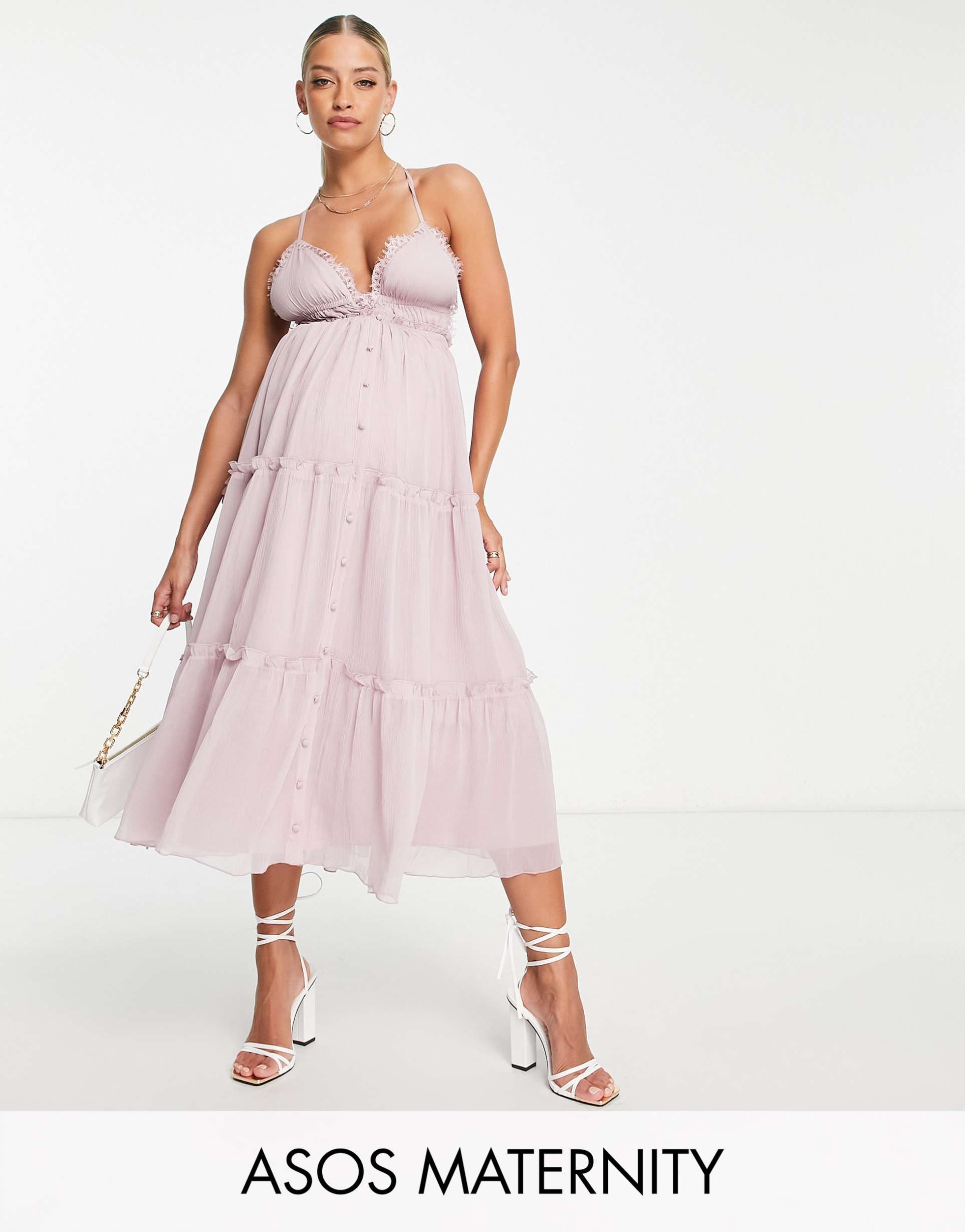 asos design maternity button up tiered midi dress with lace trim detail