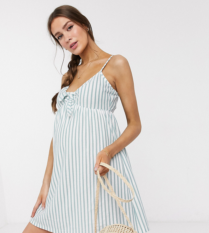 ASOS DESIGN Maternity cami bow front mini sundress in sage and white stripe-Multi