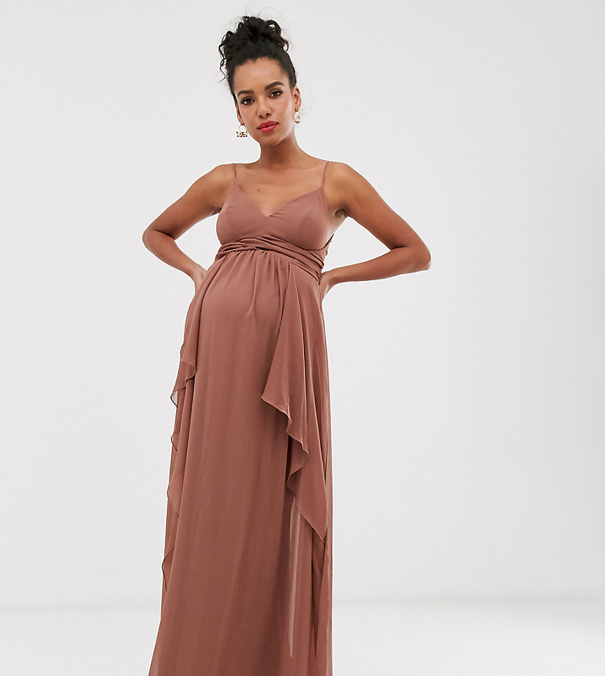 ASOS DESIGN Maternity cami maxi dress with soft layered skirt and ruched bodice-Brown