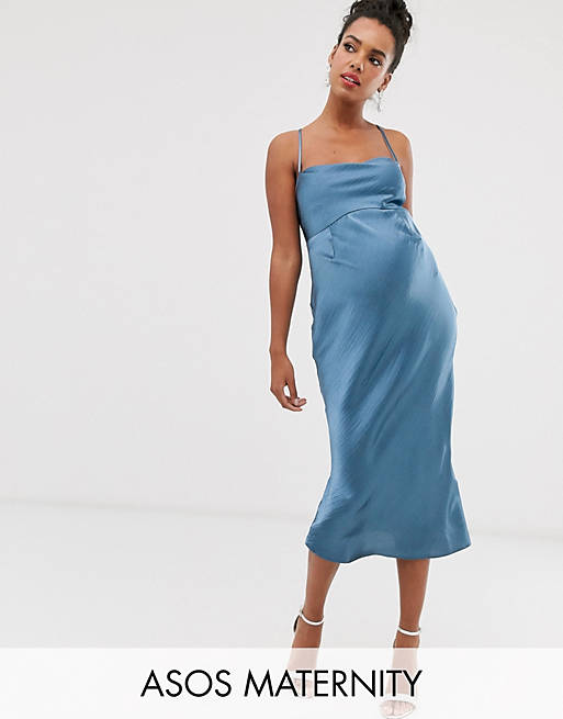 ASOS DESIGN Maternity cami midi slip dress in high shine satin with lace up back