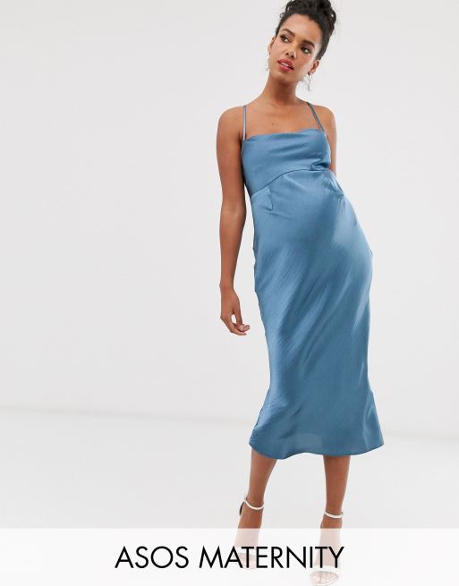 ASOS DESIGN Maternity cami midi slip dress in high shine satin with lace up  back