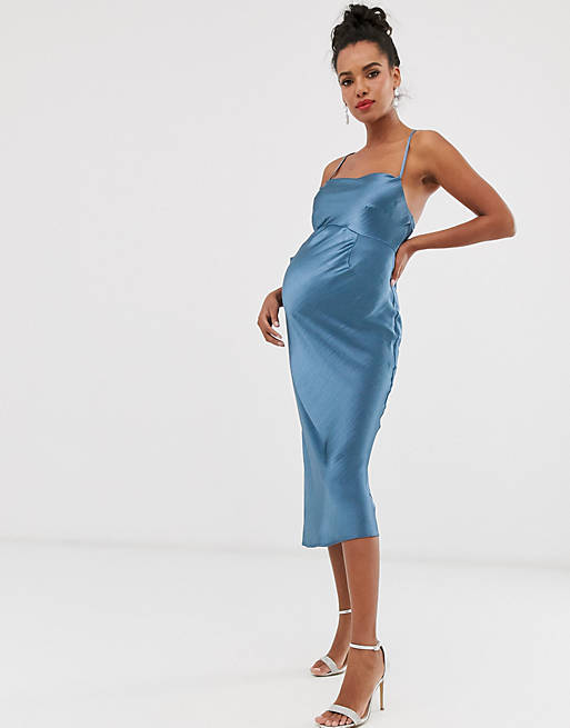 ASOS DESIGN Maternity cami midi slip dress in high shine satin with lace up  back