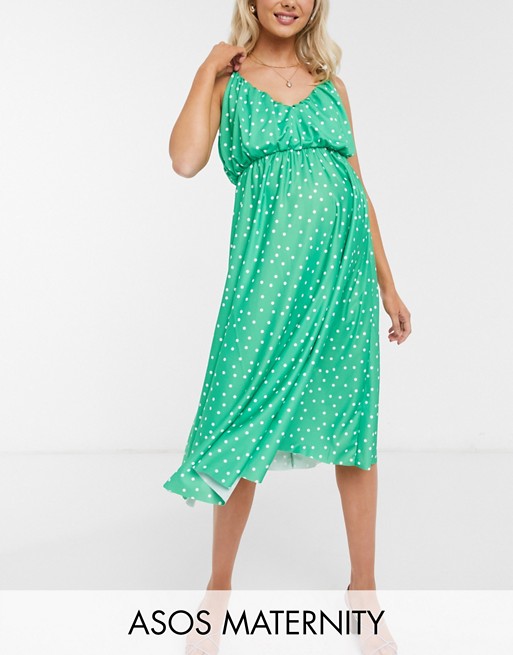 ASOS DESIGN Maternity cami plunge midi dress with blouson top in spot print