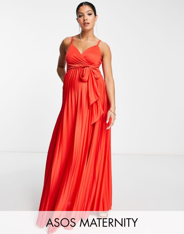 ASOS DESIGN Maternity cami plunge tie belted maxi dress in red