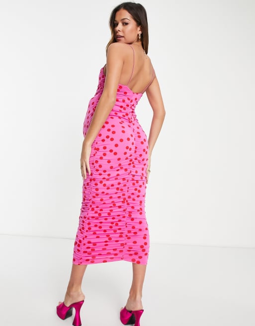 ASOS DESIGN Maternity cami strappy midi dress with ruched detail in spot print, 2 of 4