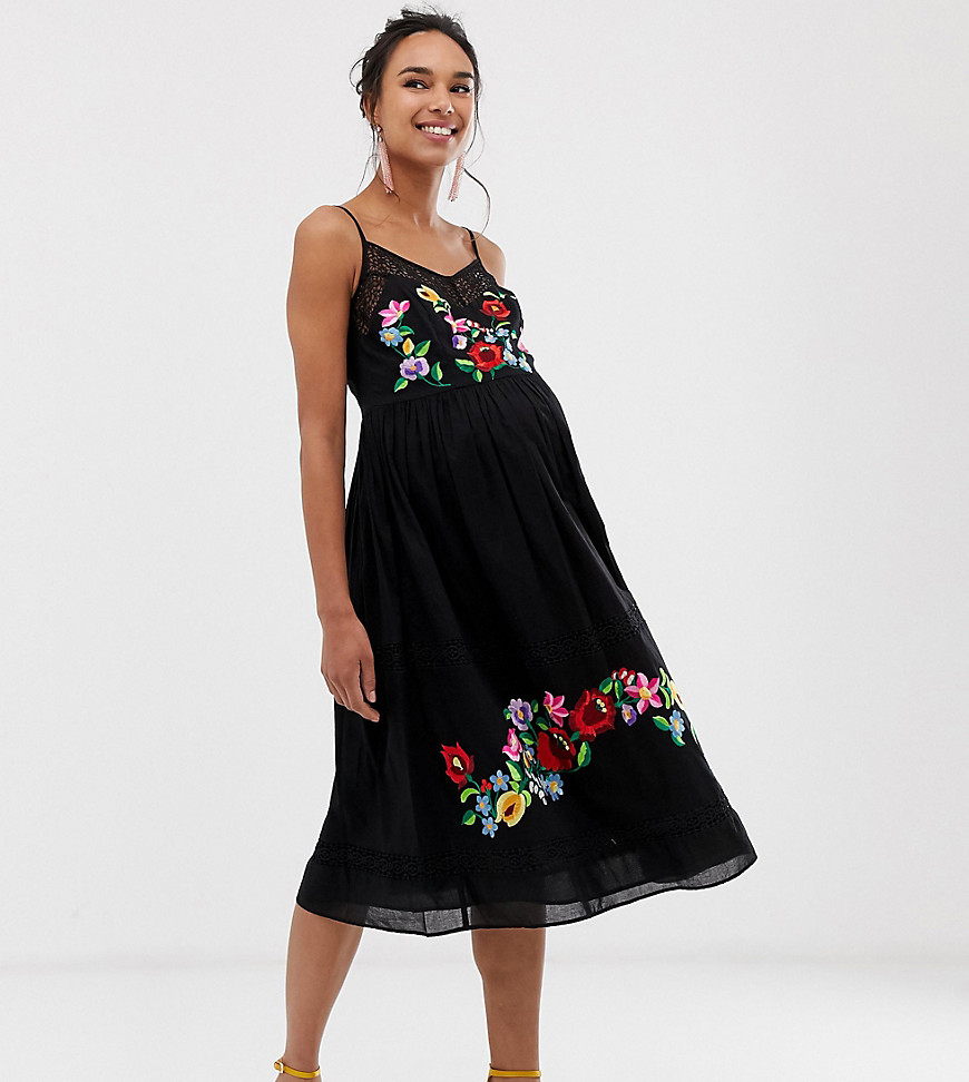 ASOS DESIGN Maternity cami trapeze embroidered midi dress-Black
