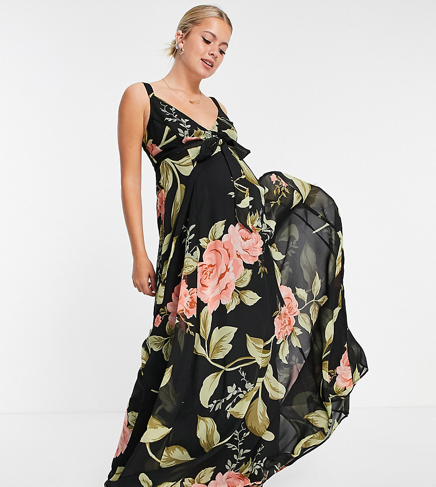 ASOS DESIGN Maternity cami wrap maxi dress with lace up back in large floral print-Black