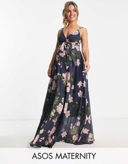 ASOS DESIGN Maternity cami wrap maxi dress with lace up back in navy floral