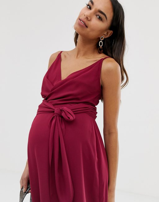 ASOS DESIGN Maternity off shoulder wrap plisse midi dress in soft pink