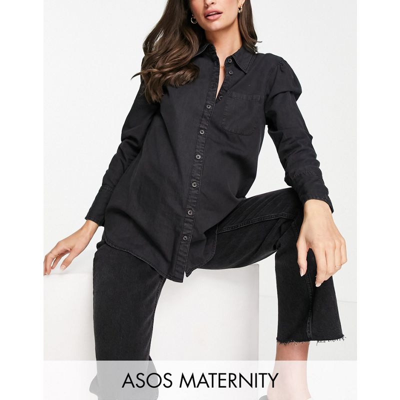 DESIGN Maternity - Camicia morbida di jeans nero slavato con maniche a sbuffo