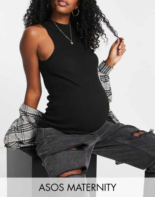 ASOS DESIGN Maternity - Canotta da running in maglia con scollo a vogatore e fondo a coste, colore nero