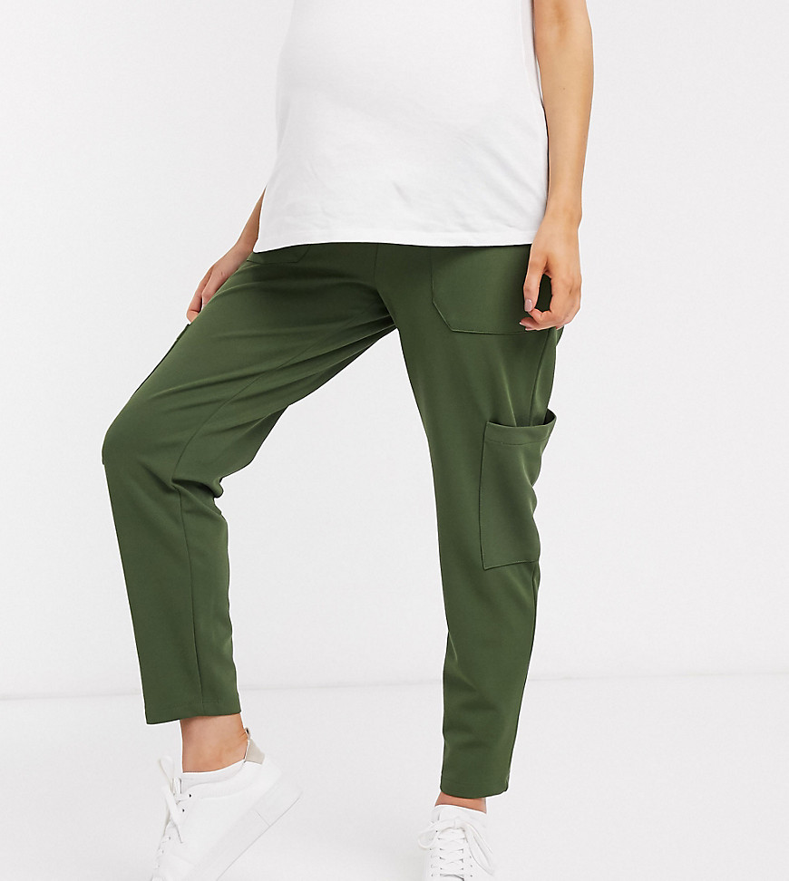 ASOS DESIGN – Maternity – Cargobyxor med peg-ben i jersey och twill, med vävda fickor-Grön