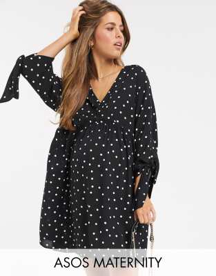 ASOS DESIGN Maternity casual wrap mini dress in mono polka dot-Multi