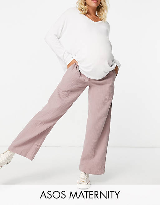 Women Maternity cheesecloth pull on jogger in heather pink with under the bump band 