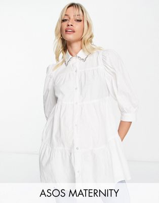 ASOS DESIGN Maternity tiered smock shirt with embellished collar in white  - ASOS Price Checker