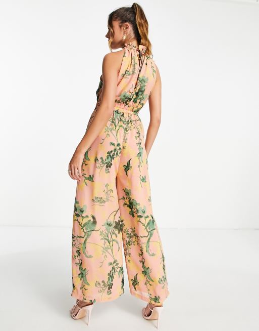 ASOS DESIGN maternity chiffon gathered waist halter jumpsuit in floral print, 4 of 4