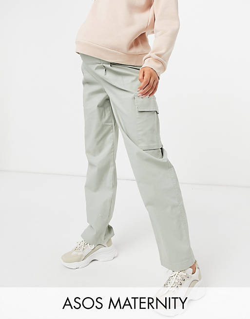 ASOS DESIGN Maternity chino trousers with cargo pockets in sage with under the bump band