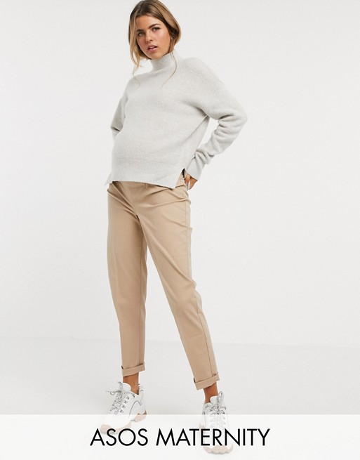 ASOS DESIGN Maternity chino trousers with under the bump waistband in stone