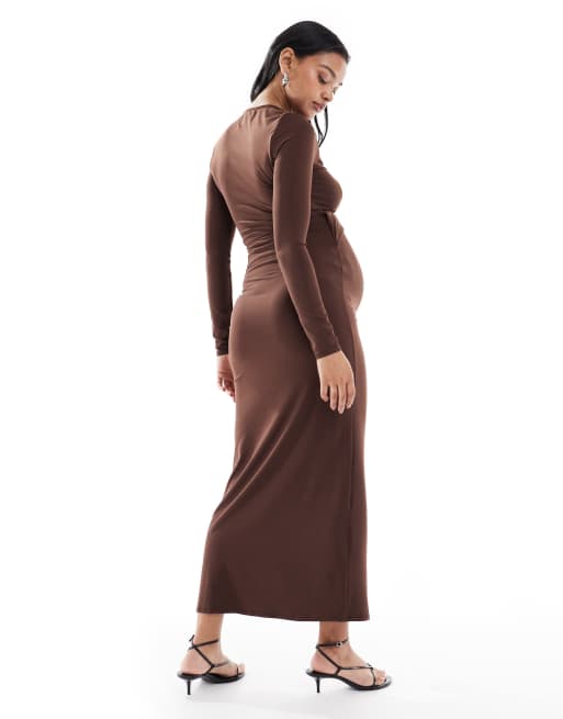 ASOS DESIGN Maternity - Chokoladebrun cardigan-maxikjole med slå-om-detalje med bindebånd, 3 af 4