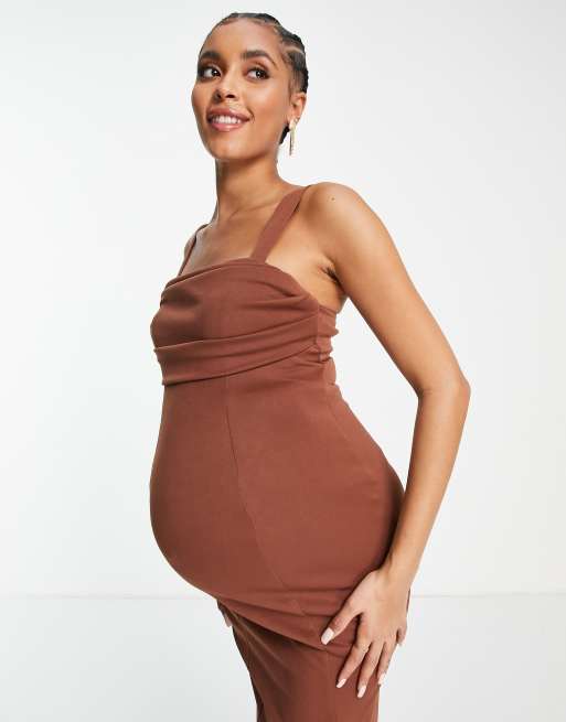 ASOS DESIGN Maternity - Chokoladebrun pencil-midikjole med rynker på brystet og korsetsnit, 2 af 4