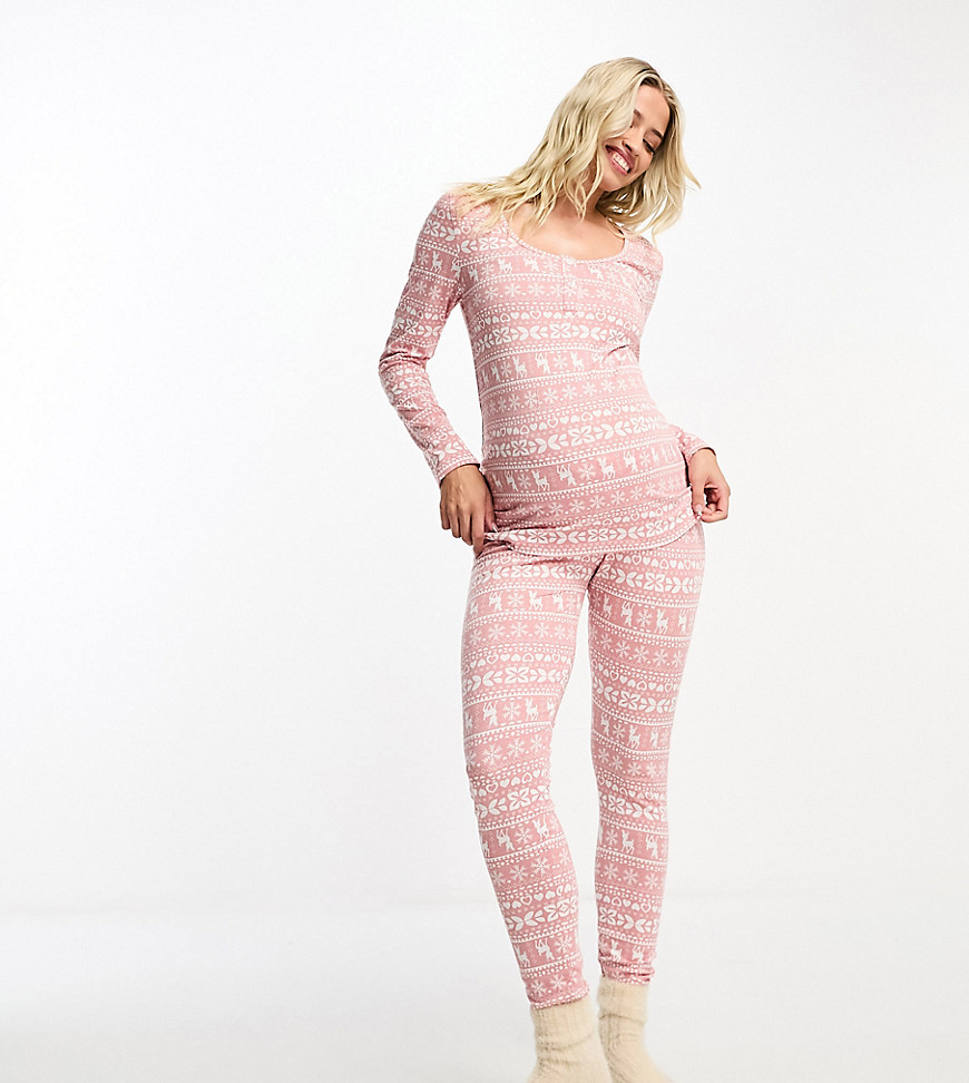 Asos Maternity Asos Design Maternity Christmas Fairisle Glam Long Sleeve Top & Legging Pajama Set In Pink