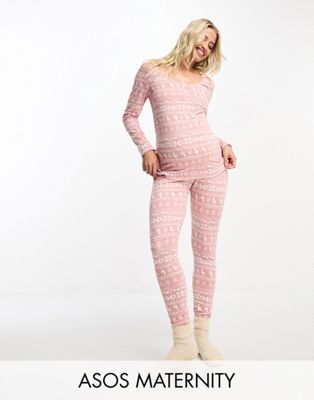 ASOS DESIGN Maternity Christmas fairisle glam  long sleeve top & legging pyjama set in pink