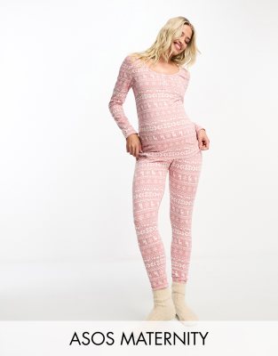 ASOS Maternity ASOS DESIGN Maternity Christmas fairisle glam long sleeve top & legging pyjama set in pink