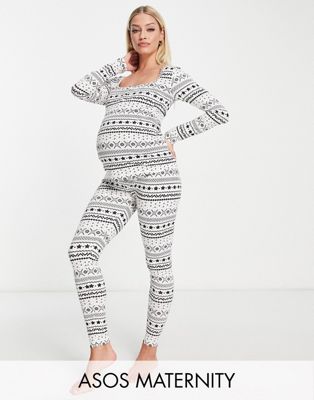 ASOS DESIGN Maternity Christmas fairisle square neck long sleeve top & legging pyjama set in cream