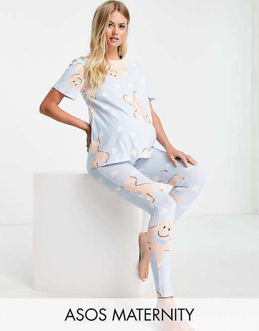 Lingerie & Nightwear Maternity Christmas gingerbread tee & legging pyjama set in blue 