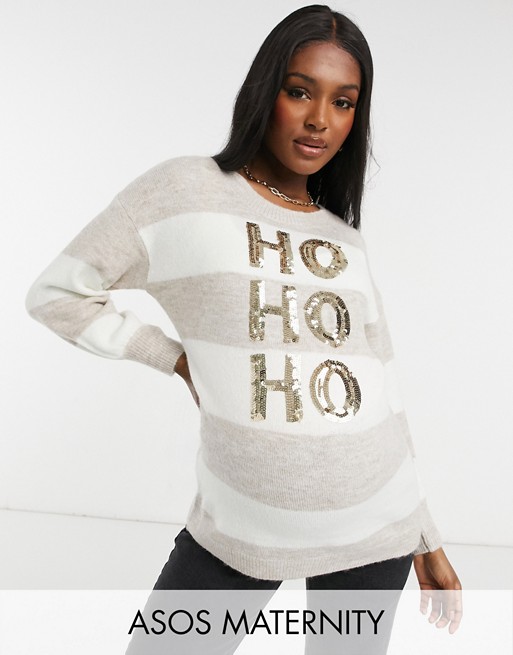 ASOS DESIGN Maternity Christmas jumper with sequin HoHoHo