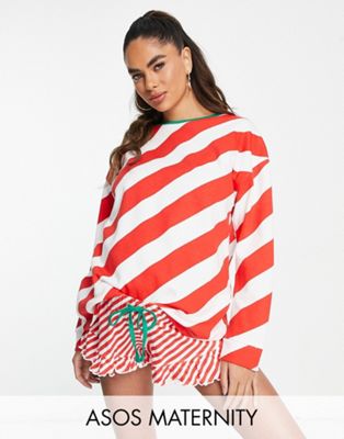 ASOS DESIGN Maternity Christmas stripe slouchy sweat & short pyjama set in red & white-Multi