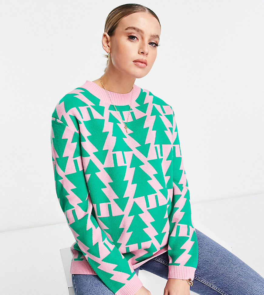 ASOS DESIGN Maternity Christmas sweater with all over tree pattern in pink
