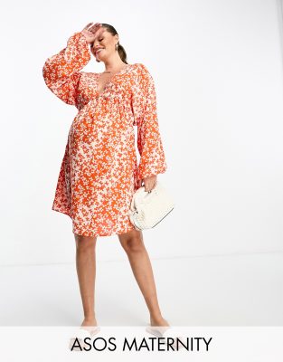 ASOS DESIGN Maternity chuck on swing mini dress in red floral print - ASOS Price Checker