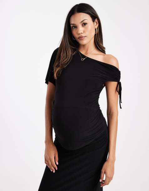 ASOS DESIGN Maternity co-ord asymmetric shoulder ruched slinky top in black - view 1