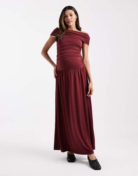 ASOS DESIGN Maternity co-ord drop waist ruched maxi skirt in burgundy - view 1
