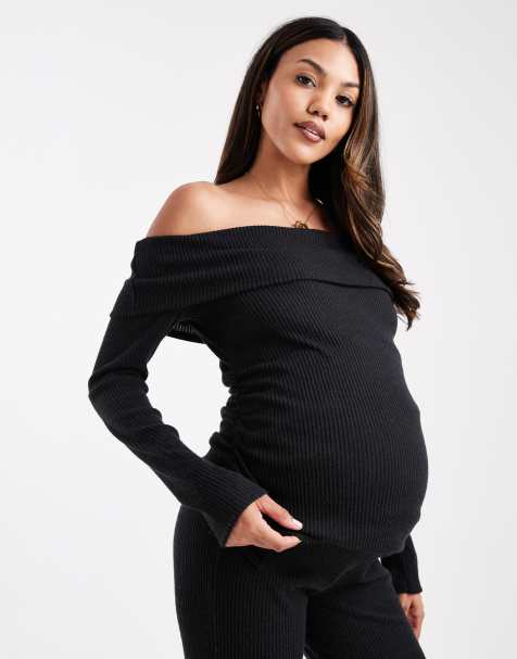 ASOS DESIGN Maternity co-ord long sleeve ribbed bardot top in black - view 1