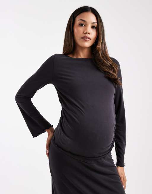 ASOS DESIGN Maternity co-ord long sleeve top with lettuce hem in black
