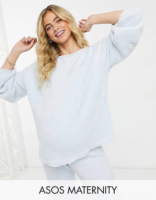  Maternity co-ord off the shoulder jumper in textured boucle yarn in light blue 