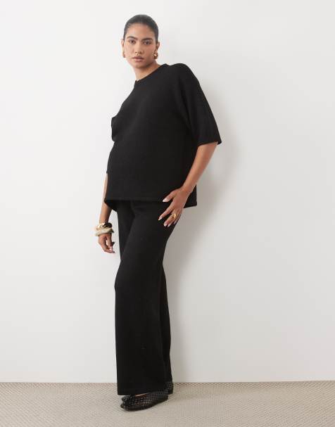 ASOS DESIGN Maternity - Co-ord set van T-shirt met ronde hals en broek met wijde pijpen van wolmix in zwart - view 1
